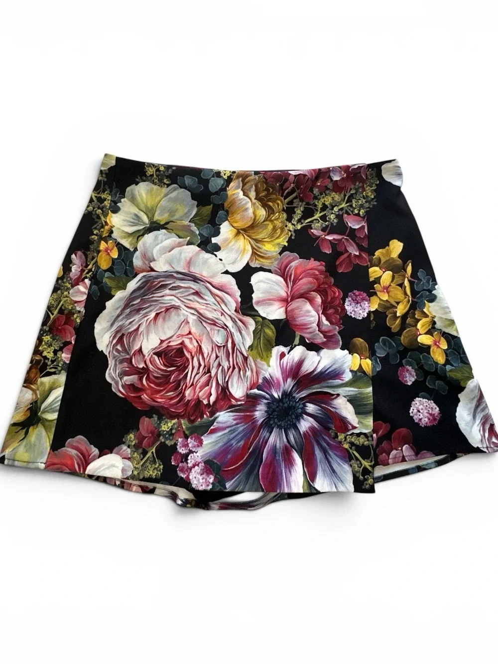 Floral Print Mini Skirt in Black with Multicolor Blooms